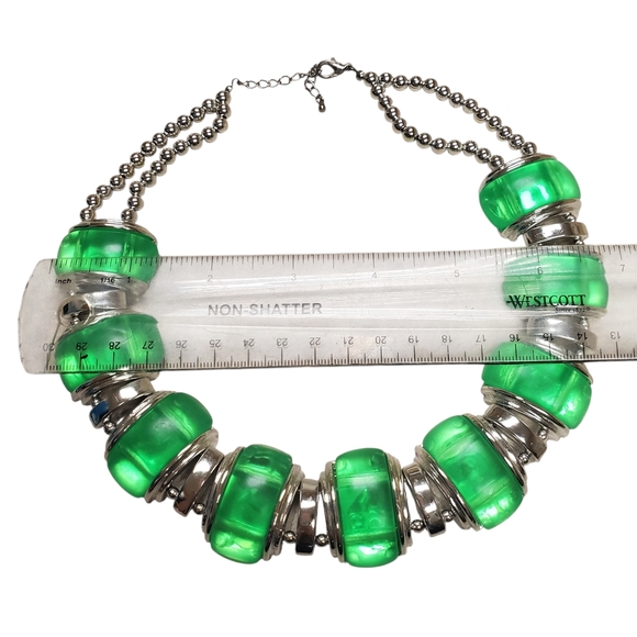 Green and Silver Statement Necklace. Acrylic or Lucite Green Beads. OS - Picture 3 of 6